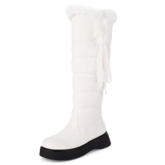 Round Toe Low Platforms Knee Highs Faux Fur Winter Snow Boots - White