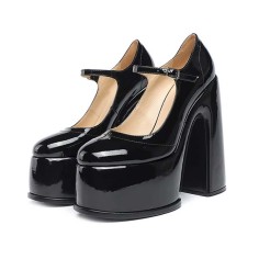 Round Toe High Platforms Chunky Heels Mary Janes Pumps - Black Patent