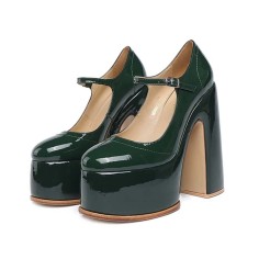 Round Toe High Platforms Chunky Heels Mary Janes Pumps - Dark Green Patent