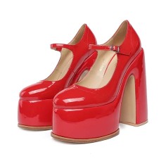 Round Toe High Platforms Chunky Heels Mary Janes Pumps - Red Patent