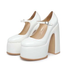 Round Toe High Platforms Chunky Heels Mary Janes Pumps - White Patent