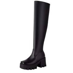 Round Toe Chunky Heels Platforms Knee Highs Elastic Boots - Black Faux Leather