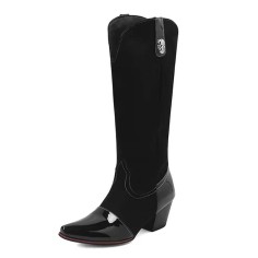 Pointed Toe Chunky Heels Printed Fabric Metal Skull Buckle Docarated Wild West Knee Highs Boots - Black Patent