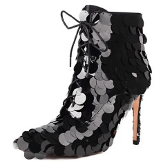 Pointed Toe Chunky Heels Vintage Lace Up Ankle Highs Booties - Black