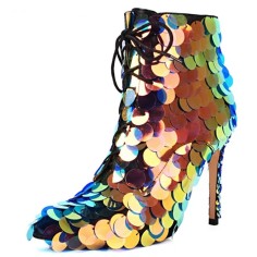 Pointed Toe Stiletto Heels Sequined Lace Up Side Zipper Ankle Highs Dance Booties - Gold