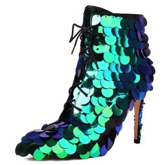 Pointed Toe Stiletto Heels Sequined Lace Up Side Zipper Ankle Highs Dance Booties - Green