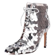 Pointed Toe Stiletto Heels Sequined Lace Up Side Zipper Ankle Highs Dance Booties - Silver