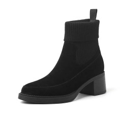 Pointed Square Toe Retro Chunky Heels Socks Locomotive Pull On Boots - Black Suede
