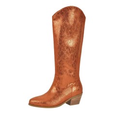 Pointed Toe Chunky Heels Western Style Knee Highs Snake Print Western Cowgirl Boots - Orange Faux Leather