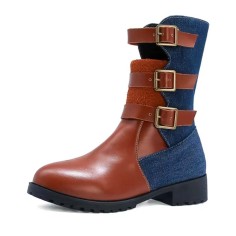 Round Toe Three Row Metal Buckle Ankle Highs British Style Boots - Brown Faux Leather