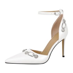 Stiletto Heels Pointed Toe Buckle Straps Decorated Sexy Punk Dorsay Pumps - White
