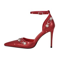 Stiletto Heels Pointed Toe Rhinestones Buckle Straps Decorated Sexy Punk Dorsay Pumps - Red