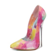 Pointed Toe Stiletto Heels Painting Multicolor Brush Design Pumps - Hot Pink