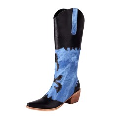 Pointed Toe Knee Highs Western Style Denim Cowboy Boots - Black Faux Leather