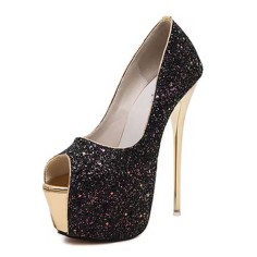 Peep Toe Low Platforms Glitters Stiletto Heels Elegant Pumps - Black Sequined Cloth