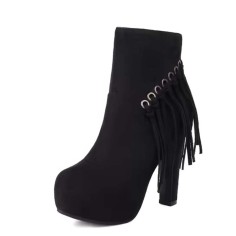 Round Toe Side Zipper Platforms Ankle highs Tassels Boots - Black Mesh Fabric or Flock