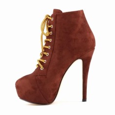 Round Toe Stiletto Heels Suede Lace Up Platforms Ankle Highs Booties - Coffee