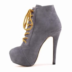 Round Toe Stiletto Heels Suede Lace Up Platforms Ankle Highs Booties - Gray