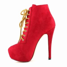 Round Toe Stiletto Heels Suede Lace Up Platforms Ankle Highs Booties - Red