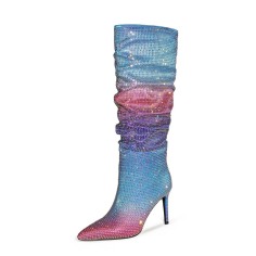 Pointed Toe Stiletto Heels Gradient Rhinestone Pleated Knee Highs Boots - Blue