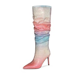 Pointed Toe Stiletto Heels Gradient Rhinestone Pleated Knee Highs Boots - Pink