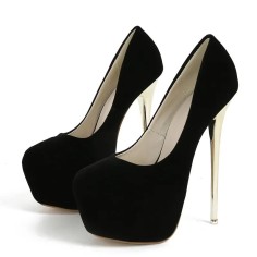 Round Toe Stiletto Golden Heels Suede Shaft Platforms Pumps - Black