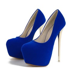 Round Toe Stiletto Golden Heels Suede Shaft Platforms Pumps - Blue