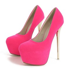 Round Toe Stiletto Golden Heels Suede Shaft Platforms Pumps - Rose Hot Pink