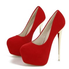Round Toe Stiletto Golden Heels Suede Shaft Platforms Pumps - Red