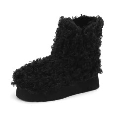 Round Toe Flat Bottom Platforms Wool Winter Ankle Highs Boots - Black