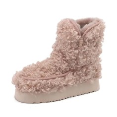 Round Toe Flat Bottom Platforms Wool Winter Ankle Highs Boots - Pink