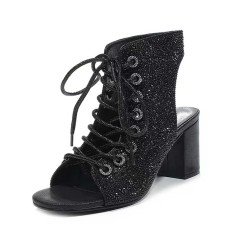 Peep Toe Chunky Heels Lace Up Ankle Highs Rhinestones Summer Sandals Booties - Black Sequined Cloth