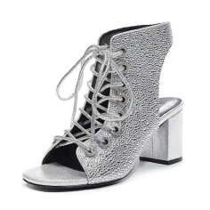 Peep Toe Chunky Heels Lace Up Ankle Highs Rhinestones Summer Sandals Booties - Silver Sequined Cloth