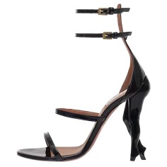 Peep Toe Strange Unique Heels Patent Sculptural Ankle Double Straps Cabaret Sandals - Black