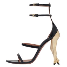 Peep Toe Strange Unique Heels Patent Sculptural Ankle Double Straps Cabaret Sandals - Black