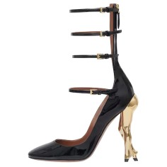 Round Toe Strange Unique Heels Patent Sculptural Mary Janes Ankle Straps Cabaret Pumps - Black