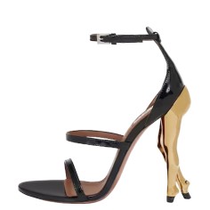 Peep Toe Strange Unique Heels Patent Sculptural Ankle Straps Cabaret Sandals - Black