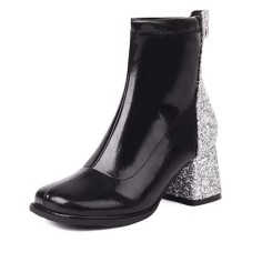 Round Toe Chunky Heels Bling Glitters Patchwork Back Zipper Ankle Highs Boots - Black Patent