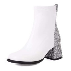 Round Toe Chunky Heels Bling Glitters Patchwork Back Zipper Ankle Highs Boots - White Patent
