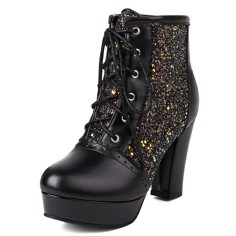 Round Toe Cuban Heels Glitters Shiny Platforms Lace Up Party Boots - Black