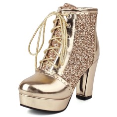 Round Toe Cuban Heels Glitters Shiny Platforms Lace Up Party Boots - Gold