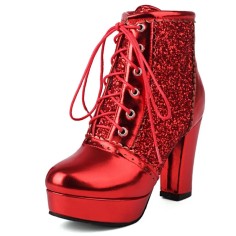 Round Toe Cuban Heels Glitters Shiny Platforms Lace Up Party Boots - Red