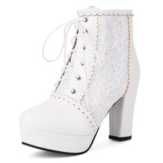 Round Toe Cuban Heels Glitters Shiny Platforms Lace Up Party Boots - White