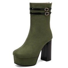 Round Toe Chunky Heels Platforms Back Zipper Ankle Highs Suede Boots - Green