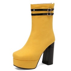Round Toe Chunky Heels Platforms Back Zipper Ankle Highs Suede Boots - Yellow