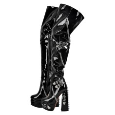 Round Toe Metal Chain with Rivet Decorated Punk Gothic Chunky Heels Platforms Thigh Highs Boots - Black