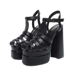 Round Toe Cut Out Pieces Double Platforms Ankle Buckle T Straps Chunky Heels Roman Sandals - Black Faux Leather