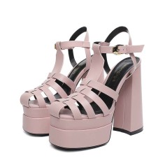 Round Toe Cut Out Pieces Double Platforms Ankle Buckle T Straps Chunky Heels Roman Sandals - Pink Faux Leather