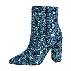 Pointed Toe Sequined Blings Chunky Heels Side Zipper Ankle Highs Booties - Blue