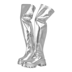 Round Toe Low Chunky Heels Over The Knee Stretch Side Zipper Boots - Silver Faux Leather